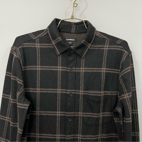 Express Plaid Size Medium Men's Brown/Tan Flannel Long Sleeve Button-Up - Picture 6 of 8